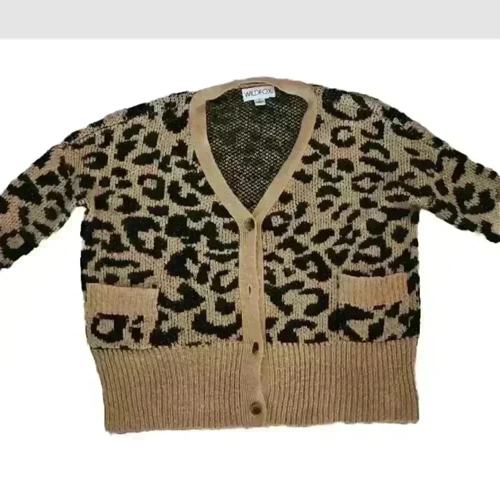 Wildfox Womens Tan Roar Tilly Leopard Print Slouchy Soft Cardigan Sweater S